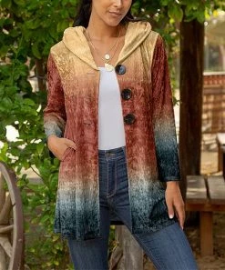 Lily | Rust & Navy Ombré Velvet Pocket Hooded Button-Up Cardigan - Women & Plus