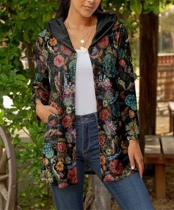 Lily | Black & Red Floral Velvet Pocket Hooded Button-Up Cardigan - Women & Plus