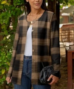 Lily | Brown & Black Plaid Crewneck Cardigan - Plus