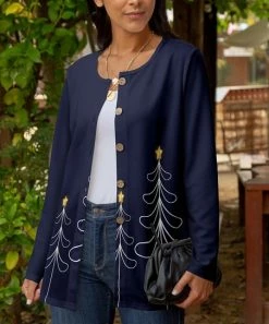 Lily | Navy & White Tree Crewneck Cardigan - Plus