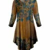 Lily | Brown & Teal Retro Floral Asymmetrical-Hem Long-Sleeve Dress - Plus
