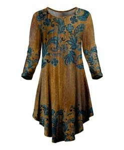 Lily | Brown & Teal Retro Floral Asymmetrical-Hem Long-Sleeve Dress - Plus