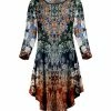 Lily | Rust & Green Abstract Floral Asymmetrical-Hem Long-Sleeve Dress - Plus