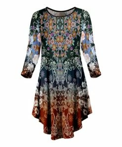 Lily | Rust & Green Abstract Floral Asymmetrical-Hem Long-Sleeve Dress - Plus