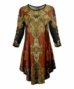 Lily | Rust & Olive Abstract Floral Asymmetrical-Hem Long-Sleeve Dress - Plus
