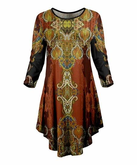 Lily | Rust & Olive Abstract Floral Asymmetrical-Hem Long-Sleeve Dress - Plus 1 Lily | Rust & Olive Abstract Floral Asymmetrical-Hem Long-Sleeve Dress - Plus