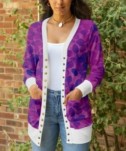 Lily | Purple & White Leaf Snap-Button Cardigan - Plus