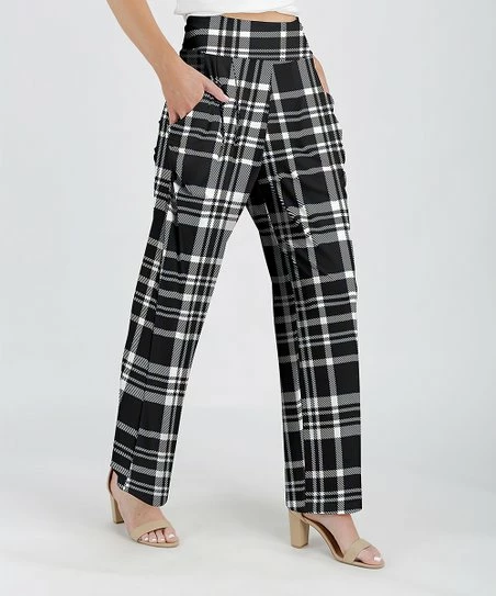 Lily | Black & White Plaid Pocket High-Waist Wide-Leg Pants - Women 1 Lily | Black & White Plaid Pocket High-Waist Wide-Leg Pants - Women