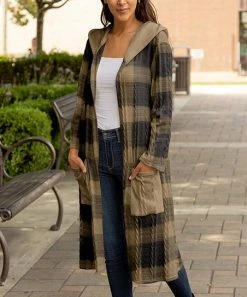 Lily | Black & Mocha Buffalo Neck Pocket Hooded Cable-Knit Duster - Women