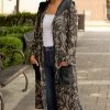 Lily | Black & Beige Abstract Floral Pocket Hooded Cable-Knit Duster - Plus