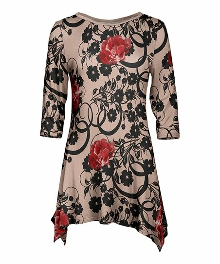 Lily | Cream & Black Floral Three-Quarter Sleeve Sidetail Tunic - Women 1 Lily | Cream & Black Floral Three-Quarter Sleeve Sidetail Tunic - Women