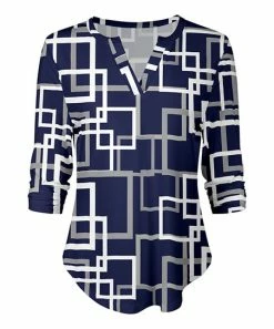 Lily | Blue & White Abstract Squares V-Neck Long-Sleeve Top - Women