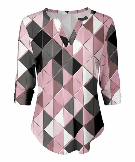Lily | Pink & Gray Diamonds V-Neck Long-Sleeve Top - Plus 1 Lily | Pink & Gray Diamonds V-Neck Long-Sleeve Top - Plus