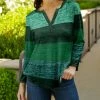 Lily | Dark Green Stripes V-Neck Long-Sleeve Top - Plus