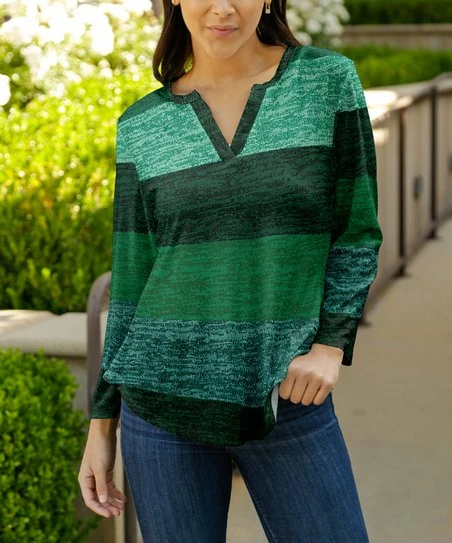 Lily | Dark Green Stripes V-Neck Long-Sleeve Top - Plus 1 Lily | Dark Green Stripes V-Neck Long-Sleeve Top - Plus