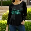 Lily | Black & Teal Dragonfly Boatneck Long-Sleeve Top - Women