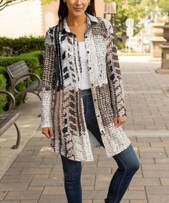 Lily | Beige & Cream Patchwork Leaves Button-Up Longline Shacket - Women & Plus