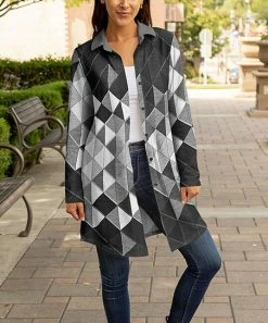 Lily | Black & Gray Geometric Button-Up Longline Shacket - Women & Plus