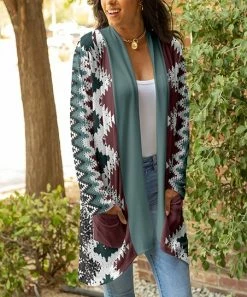 Lily | Taupe & Gray Zigzag Pocket Open Cardigan - Women