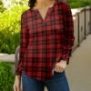 Lily | Red & Black Plaid V-Neck Long-Sleeve Top - Women
