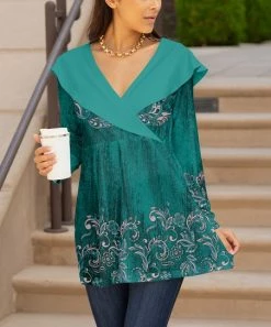 Lily | Turquoise & Lavender Floral Collar-Accent Surplice Tunic - Women