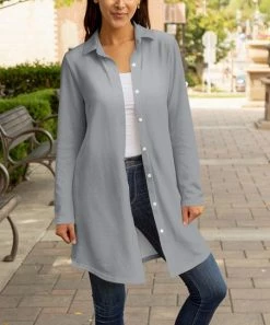 Lily | Light Gray Longline Button-Up Shacket - Plus