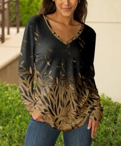 Lily | Black & Brown Leaf Long-Sleeve V-Neck Tunic - Women
