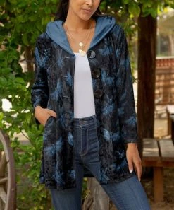 Lily | Navy & Blue Dragonfly Velvet Button-Up Hoodie - Women