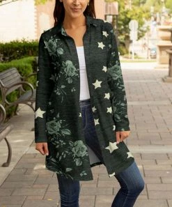 Lily | Dark Green Floral Star Longline Button-Up Shacket - Plus