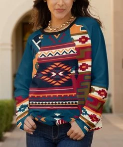 Lily | Blue & Red Geometric Crewneck Pullover - Women & Plus