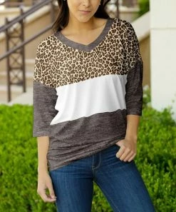 Lily | Tan & Gray Color-Block Leopard Three-Quarter Sleeve V-Neck Tunic - Plus