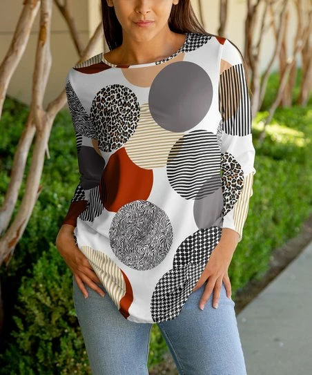 Lily | Gray & Rust Circle Color Block Long-Sleeve Tunic - Women 1 Lily | Gray & Rust Circle Color Block Long-Sleeve Tunic - Women