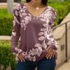 Lily | Mauve & Rose Floral Long-Sleeve V-Neck Tunic - Women & Plus