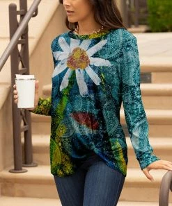 Lily | Teal & Green Daisy Twist-Hem Long-Sleeve Tunic - Plus