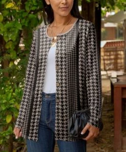 Lily | Mocha & Black Houndstooth Button-Up Cardigan - Plus