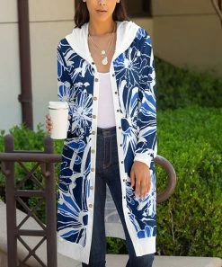 Lily | Navy & White Floral Snap-Button Hooded Duster - Plus