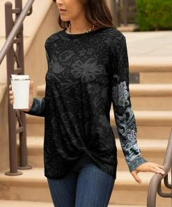 Lily | Black & Blue Floral Twist-Front Long-Sleeve Tunic - Women