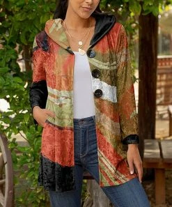 Lily | Rust & Olive Abstract Stripe Button-Front Hoodie - Plus