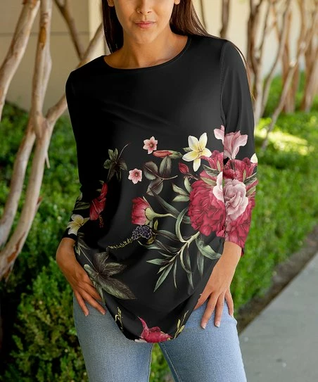 Lily | Black & Red Floral Long-Sleeve Crewneck Tunic - Women 1 Lily | Black & Red Floral Long-Sleeve Crewneck Tunic - Women