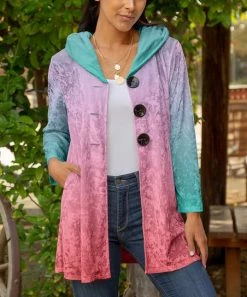 Lily | Pink & Turquoise Ombré Velvet Pocket Hooded Button-Front Cardigan - Plus