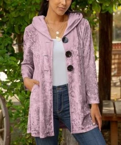 Lily | Light Pink Velvet Pocket Hooded Button-Front Cardigan - Women & Plus