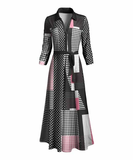Lily | Black & Pink Patchwork Tie-Waist Maxi Shirt Dress - Women 1 Lily | Black & Pink Patchwork Tie-Waist Maxi Shirt Dress - Women