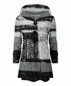 Lily | Gray & White Abstract Patchwork Velvet Button-Front Hoodie - Women & Plus