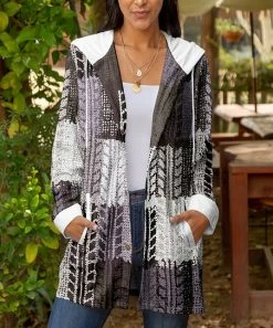 Lily | Gray & White Abstract Hooded Open Cardigan - Women