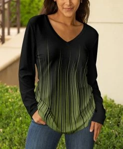 Lily | Black & Green Ombré Stripe V-Neck Long-Sleeve Tunic - Women