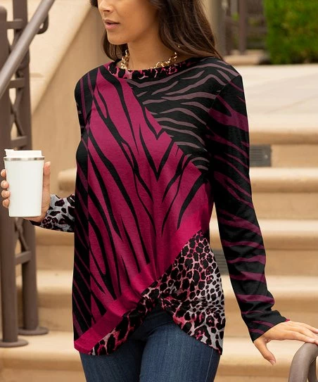 Lily | Black & Mauve Animal-Print Twist-Hem Long-Sleeve Tunic - Women & Plus 1 Lily | Black & Mauve Animal-Print Twist-Hem Long-Sleeve Tunic - Women & Plus
