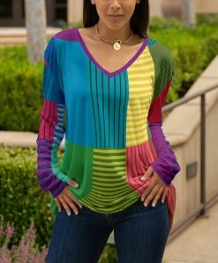 Lily | Purple & Blue Color Block Stripe Long-Sleeve V-Neck Tunic - Plus