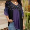Lily | Black & Purple Floral Layered-Sleeve V-Neck Tunic - Plus