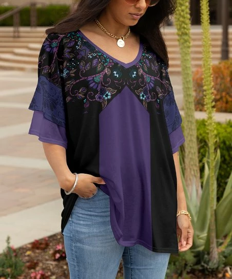 Lily | Black & Purple Floral Layered-Sleeve V-Neck Tunic - Plus 1 Lily | Black & Purple Floral Layered-Sleeve V-Neck Tunic - Plus