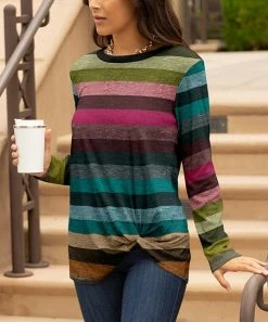 Lily | Teal & Pink Stripe Twist-Front Crewneck Tunic - Women
